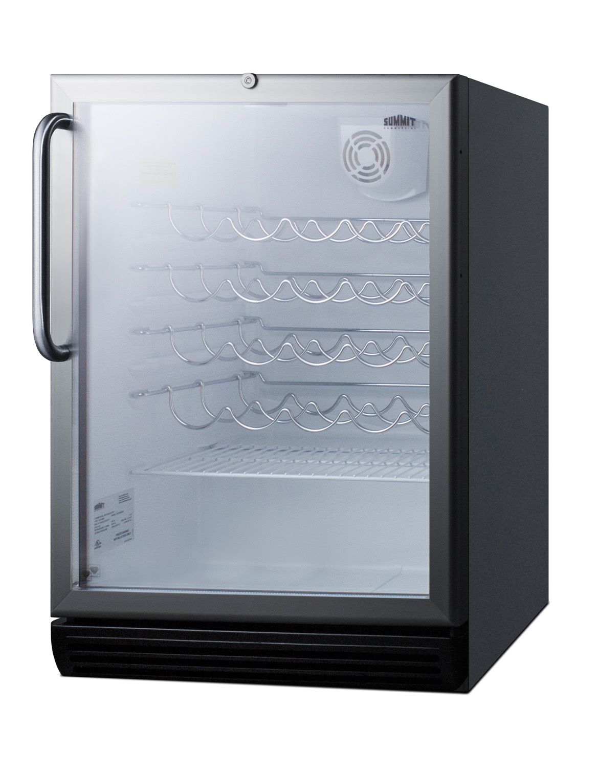 ADA compliant, commercially approved wine cellar for freestanding use with glass door, black cabinet, and towel bar handle